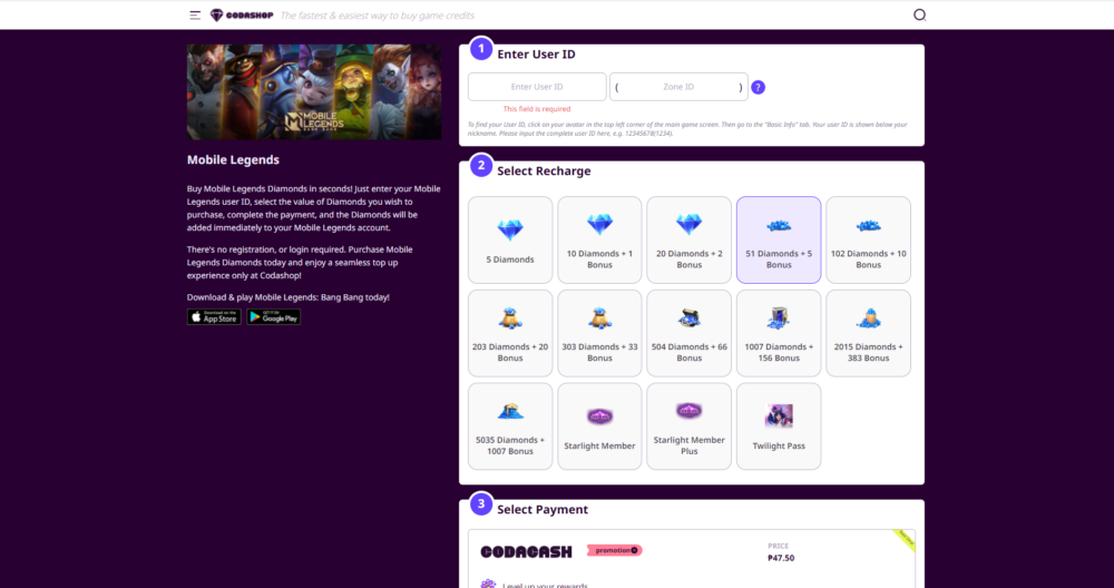 Recharge Diamonds in ML Using GCash | Codashop ML | Blooing